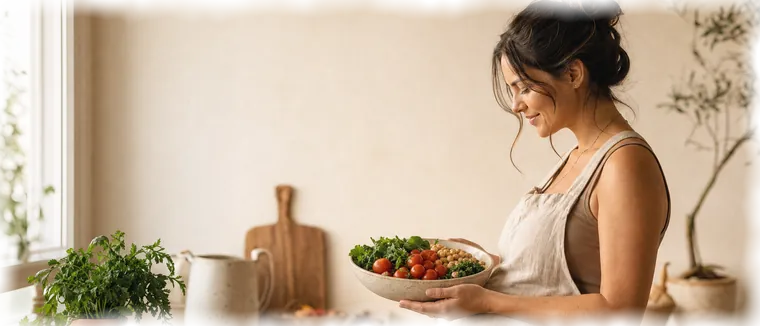 A pregnant woman in the kitchen holding a bowl of vegetables.