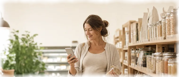A pregnant woman in a shop looking at her phone.
